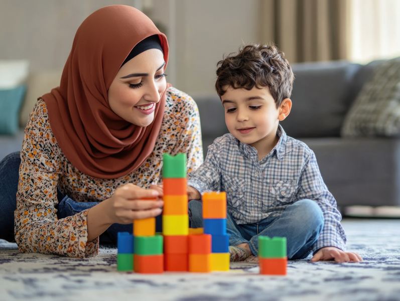 An adult and a child building together with coloured blocks